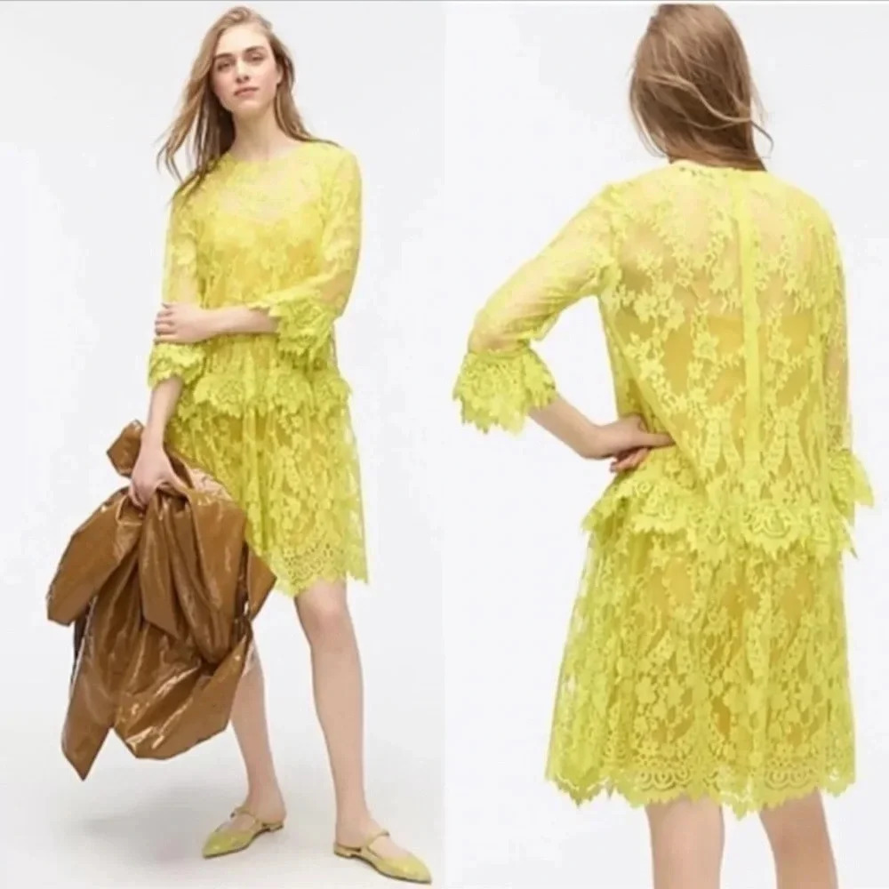 NEW J Crew 3/4 sleeve Chantilly lace dress Whimsigoth bright kiwi Victorian